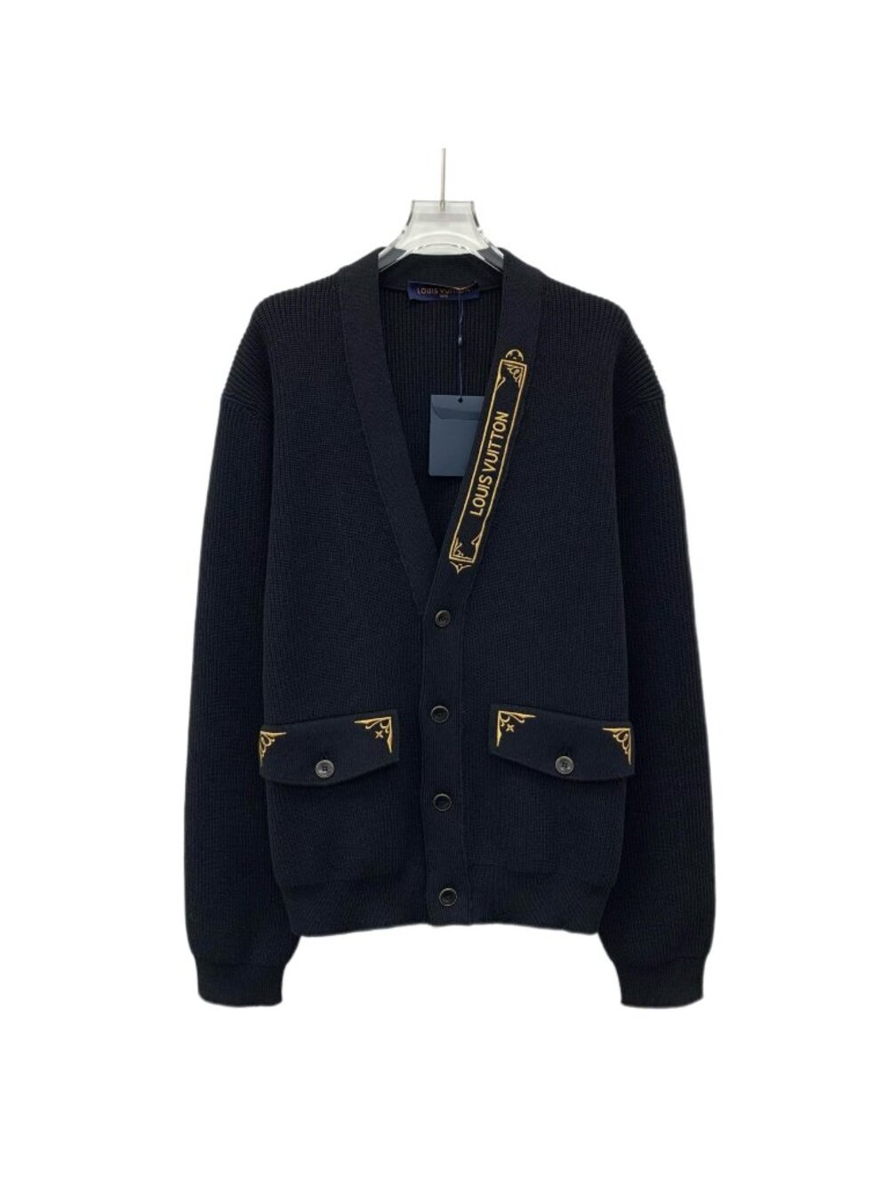 Louis Vuitton 2025 Black Logo Embroidered Cotton V-Neck Cardigan